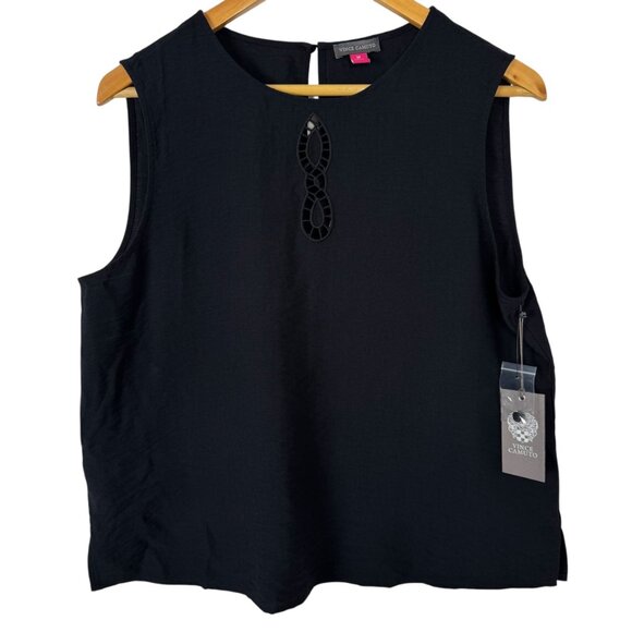 Vince Camuto NEW Summer Swirl Black Tank Top Blouse Eyelet Cut Out Women's Med - Picture 1 of 9